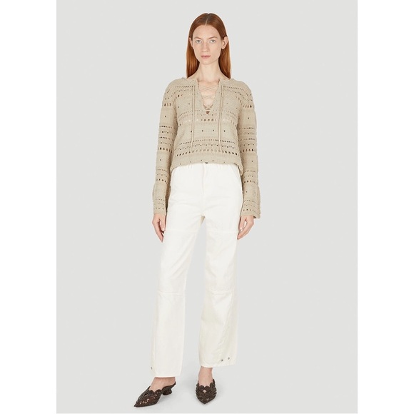 TheOpen Product Pointelle Crochet Knit Wide Sleeve Sweater in Beige Size 1 - Picture 9 of 14